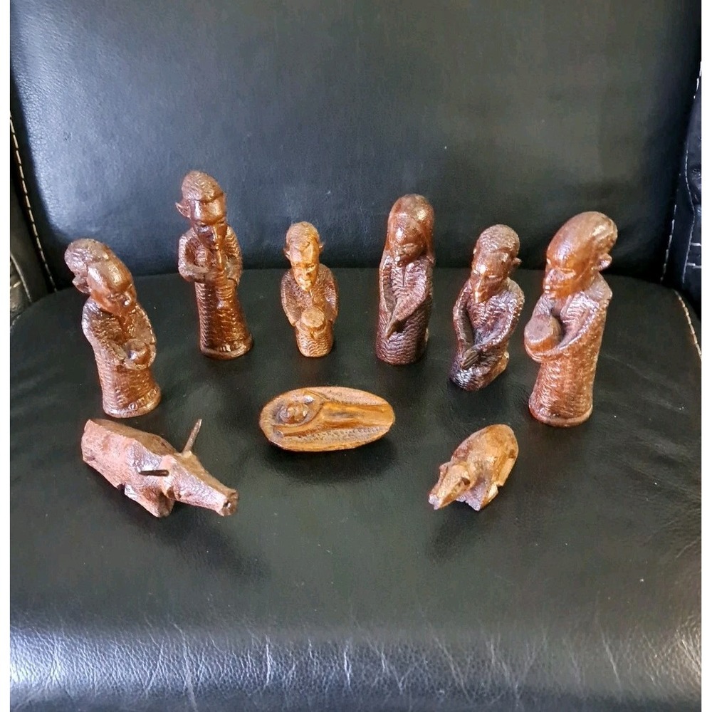 VINTAGE HAND CARVED NATIVITY SET,‎ WOOD, 9 Pc. African
